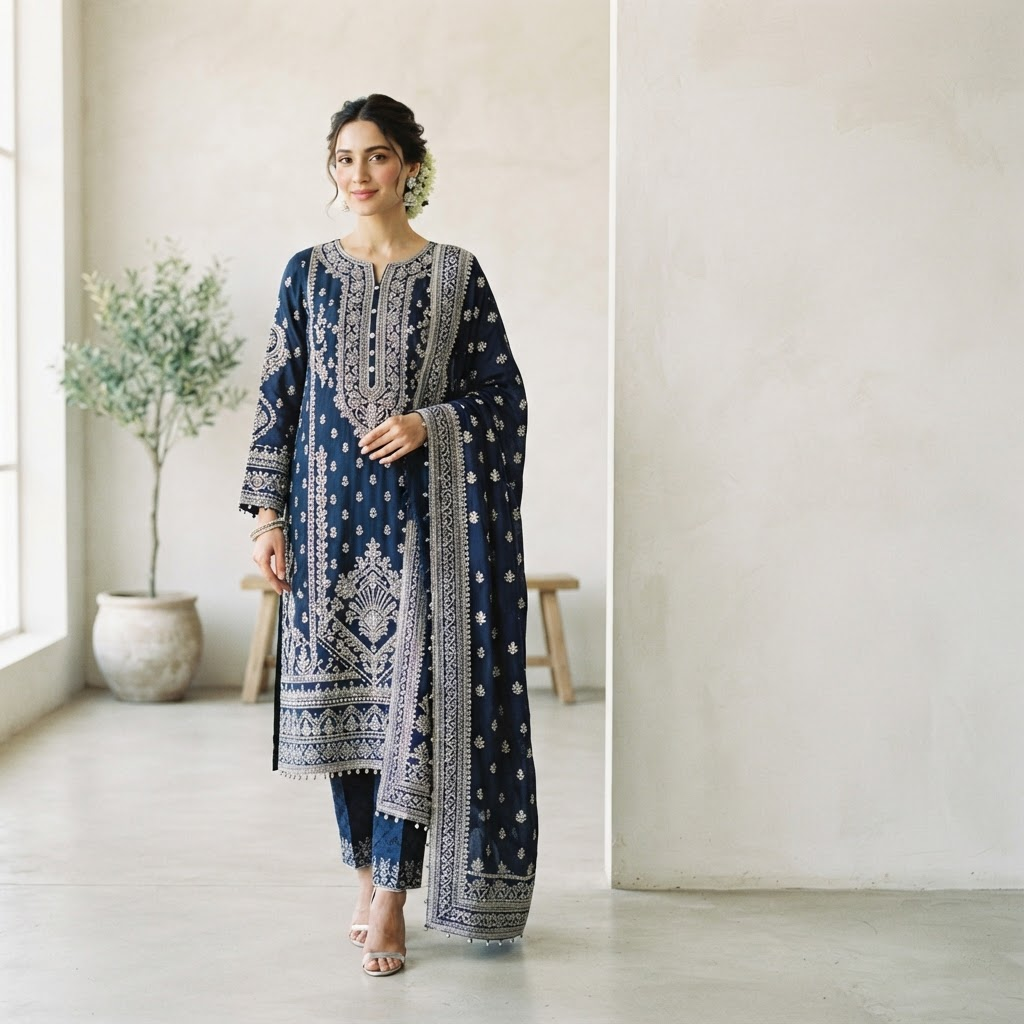 Model wearing a navy embroidered AMNE MUSQ outfit